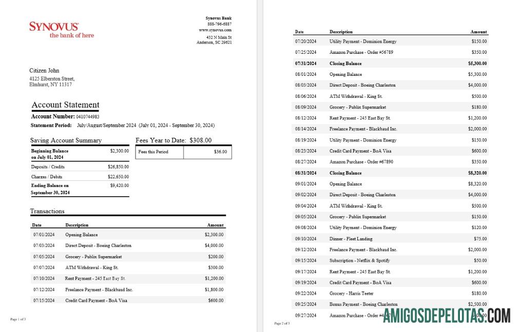 Extrato bancário Synovus dos EUA para impressão, modelo Word e PDF, 3 páginas